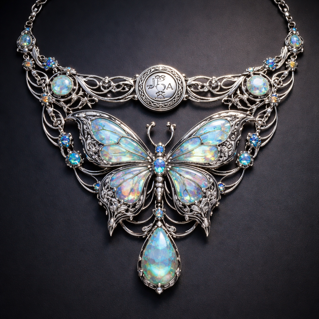 A celtic women's necklace made of silver with opal stones suitable for birthday. que sea una joya única con una mariposa y t nga demaciado detalles y en el aro que tenga JPQA