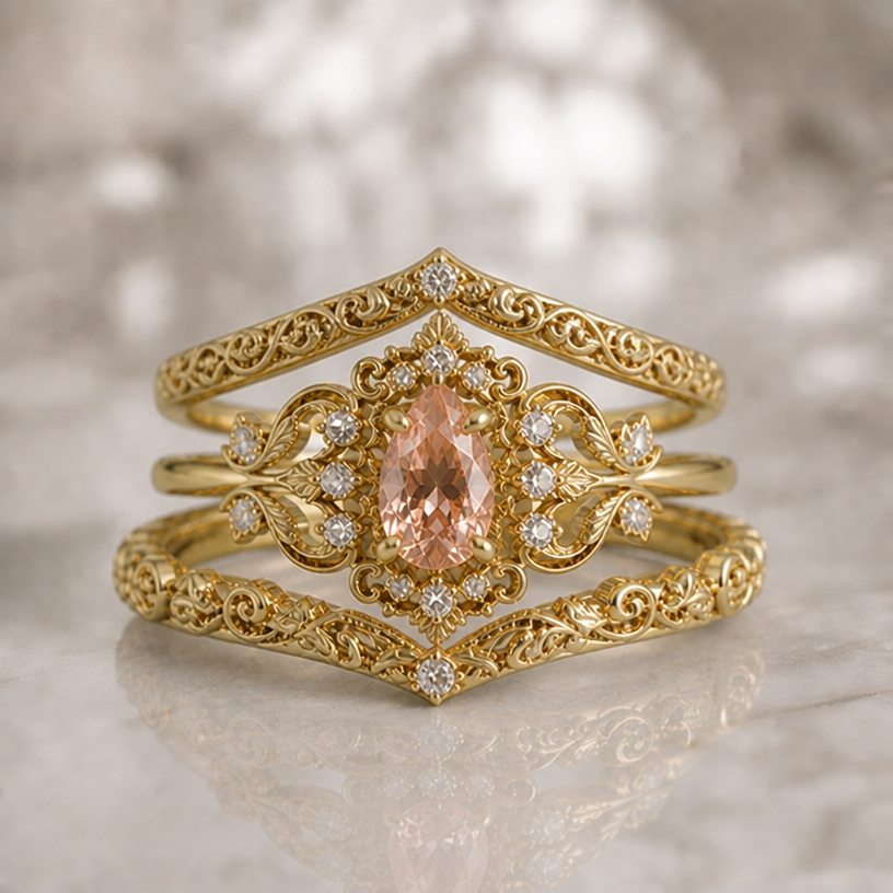 Make the lower ring v shaped to fit the upper ring
Add a third ring above the upper one that is also v shaped
edit the attached jewelry design with these instructions: Make the lower ring v shaped to fit the upper ring
Add a third ring above the upper one that is also v shaped. keep it photorealistic, just the design no text