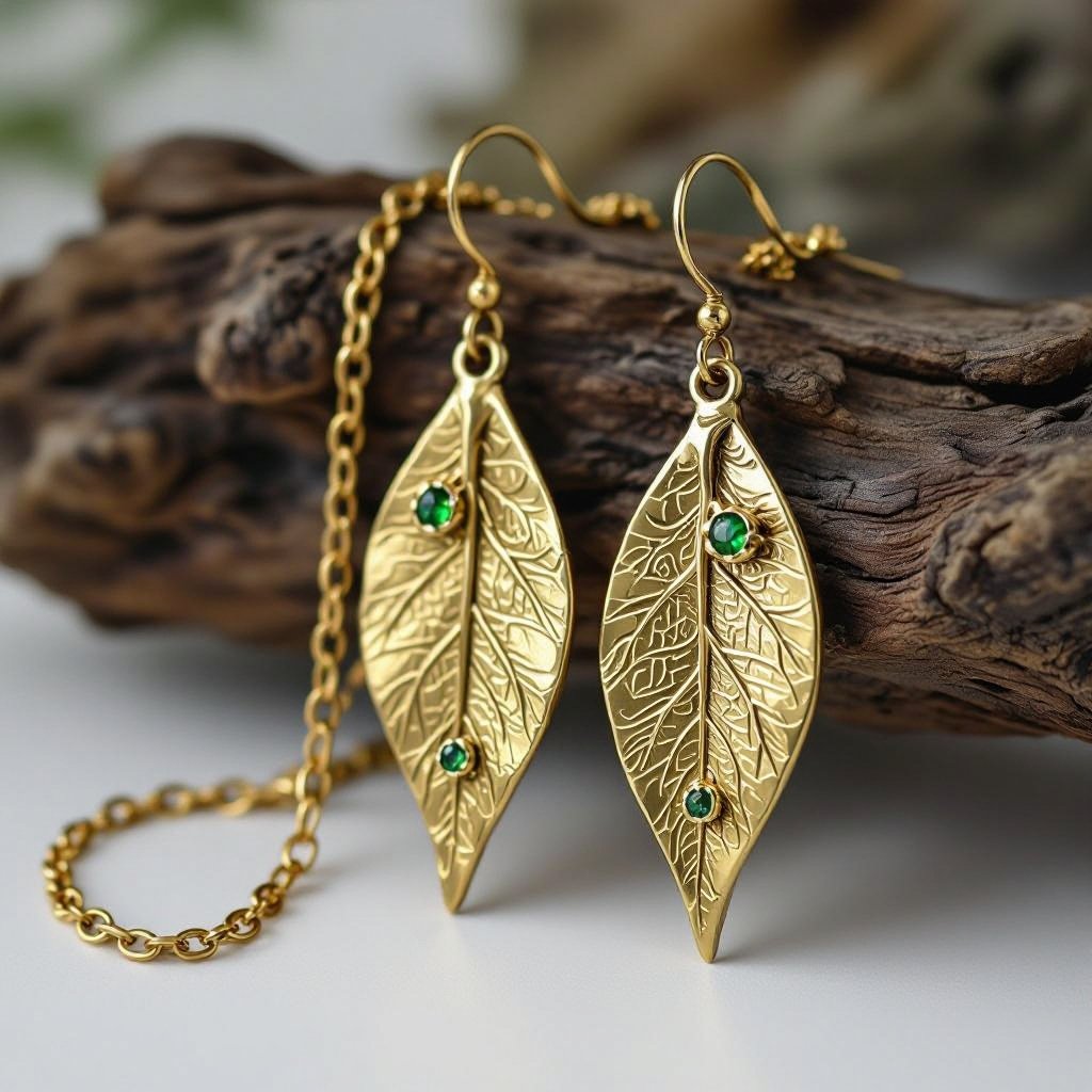 Серьги длинные на цепочках матовое золото мятое. Символ листок с прожилками на нем маленькие зеленые  камушки