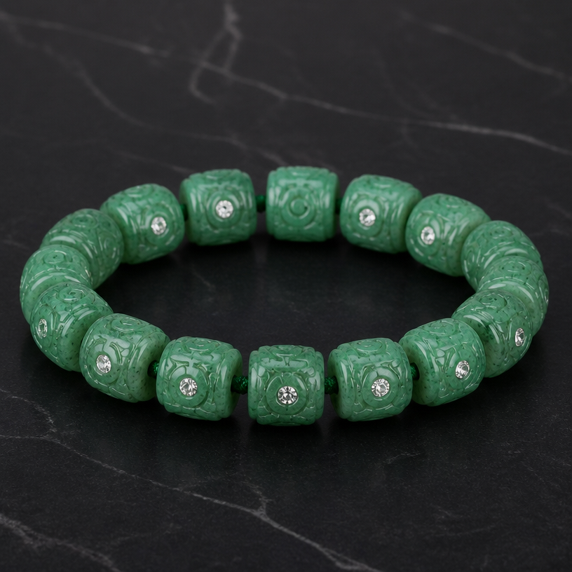 A gothic women's bracelet with diamond stones, ultra-minimalist, very simple and clean, understated, no embellishments. Create a 6-inch bracelet or bangle using the 12 beads shown in the attached picture. Each bead is 9.7 millimeters long.
using the attached image as a visual reference, create A gothic women's bracelet with diamond stones, ultra-minimalist, very simple and clean, understated, no embellishments. Create a 6-inch bracelet or bangle using the 12 beads shown in the attached picture. Each bead is 9.7 millimeters long.. photorealistic, just the design no text