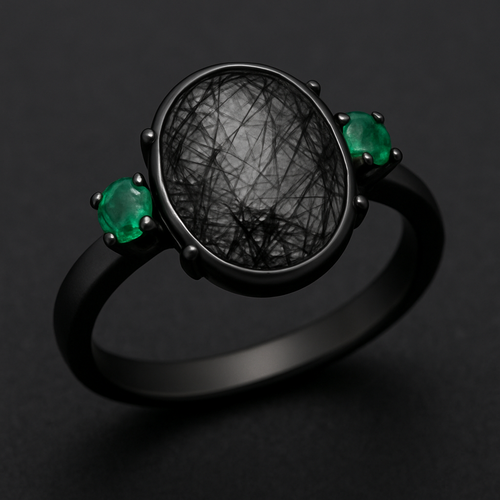 Black rutilated quartz with emerald accent stones on a black band