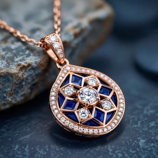 Pendant of different colors Geomatric edge of diamonds shaded of edge element in water background and vibes Rose gold , geometric diamonds, bezel set.  motif, blue enamel. Rose gold , geometric diamonds, bezel set.  motif, blue enamel.