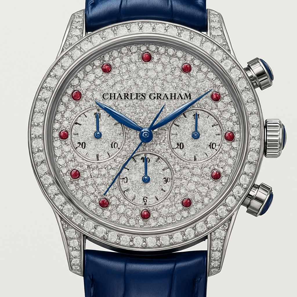 Create 38 mm crohonograhap watch with full case and dial of diamond and blue stone in the all three crowns with name brand Charles Graham in the up middle of the dial with red ruby stones for the hours mark and blue crocodile strap 