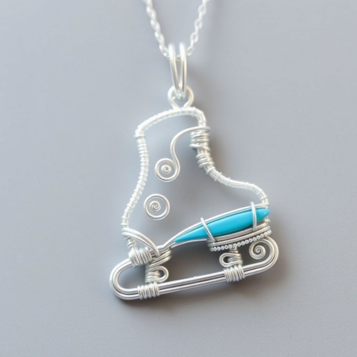 Silver Pendant shape one ice skate with turquoise stripe inside the low thin part blade