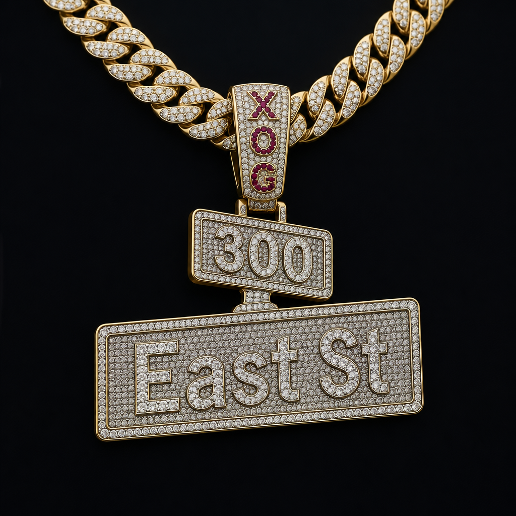 make a diamond pendent of a street sign the bottom sign say East St and the top sign say 300 and put it on a cuban link chain and on the bail connecting the pendent to the chain make it say XOG with red rubys
photorealistic jewelry design, make a diamond pendent of a street sign the bottom sign say East St and the top sign say 300 and put it on a cuban link chain and on the bail connecting the pendent to the chain make it say XOG with red rubys , diamond style, just the design no text