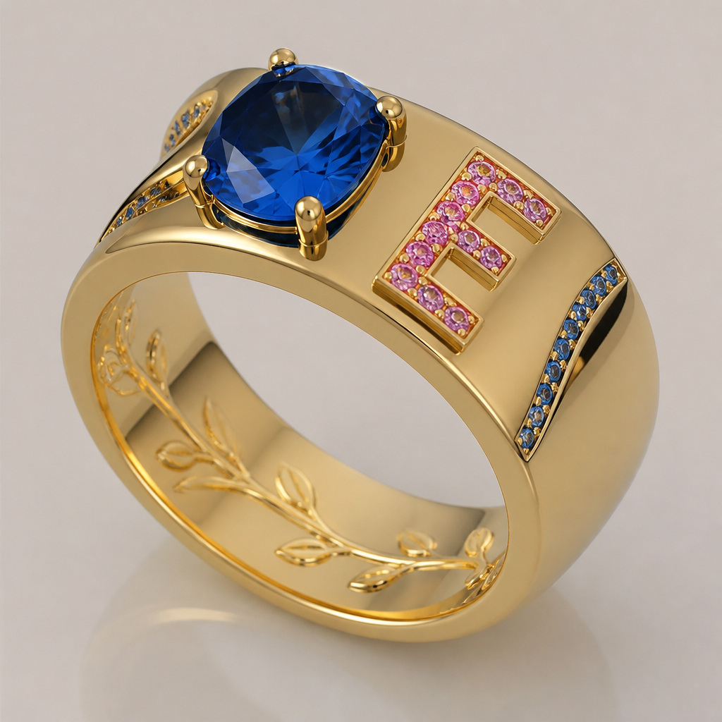 A modern women's ring made of gold suitable for birthday. um anel de 15 anos mais grosso com pedra azul e a inicial E na cor rosa e com frase dentro
photorealistic jewelry design, A modern women's ring made of gold suitable for birthday. um anel de 15 anos mais grosso com pedra azul e a inicial E na cor rosa e com frase dentro, modern style, just the design no text