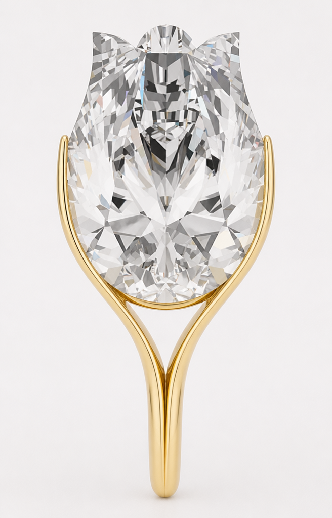 Attached is the exact diamond shape to use — do not substitute a standard pear, marquise, or round brilliant. The top of the stone has three peaks: a small rounded dome at the exact center (the highest point), and two sharper pointed peaks further out at the shoulders, separated from the center by two distinct notches. HARD CONSTRAINT, NON-NEGOTIABLE: nothing may touch, cover, or cross the center dome or the two notches, from any angle. The stone's lower body is fuller and rounded, with NO point anywhere along the bottom edge.
Add a gold pendant setting: two thin, delicate sepal-like prongs, positioned only at the stone's two outer edges/shoulders — never crossing the center of the stone's face — each tapering to a fine point partway up the side. For structural support, add one additional thin gold element at the very base of the stone only, fine like a wire, reaching no higher than a fifth of the stone's height — its job is support, not decoration, and it must stay thin and short from the start. The stone's full width and lower body must remain visible and rounded between all three elements. Below, they converge into a single tapered stem, roughly one-third the stone's height, ending in a smooth rounded tip. One continuous piece of warm yellow gold, no vine texture or leaf veining — clean, smooth, abstract shapes only. Photorealistic product photography, plain light background, front elevation.
Attached is the exact diamond shape to use — do not substitute a standard pear, marquise, or round brilliant. The top of the stone has three peaks: a small rounded dome at the exact center (the highest point), and two sharper pointed peaks further out at the shoulders, separated from the center by two distinct notches. HARD CONSTRAINT, NON-NEGOTIABLE: nothing may touch, cover, or cross the center dome or the two notches, from any angle. The stone's lower body is fuller and rounded, with NO point anywhere along the bottom edge.
Add a gold pendant setting: two thin, delicate sepal-like prongs, positioned only at the stone's two outer edges/shoulders — never crossing the center of the stone's face — each tapering to a fine point partway up the side. For structural support, add one additional thin gold element at the very base of the stone only, fine like a wire, reaching no higher than a fifth of the stone's height — its job is support, not decoration, and it must stay thin and short from the start. The stone's full width and lower body must remain visible and rounded between all three elements. Below, they converge into a single tapered stem, roughly one-third the stone's height, ending in a smooth rounded tip. One continuous piece of warm yellow gold, no vine texture or leaf veining — clean, smooth, abstract shapes only. Photorealistic product photography, plain light background, front elevation.