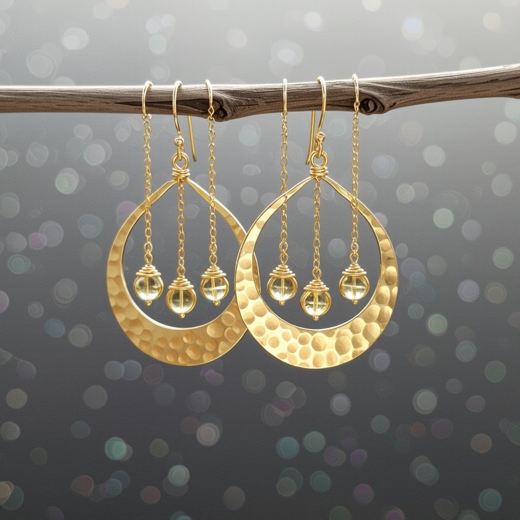 Золотые серьги словно мятое золото в форме узкого изящного полумесяца. Верхушка полумесяца крепится к застежке серьги.  От полумесяца идет три цепочки, у каждой на конце мелкий камушек цитрин