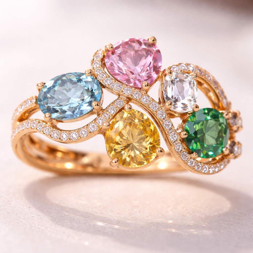 Gold ring that connects the stones. Colorful gemstones that are light blue, pink, yellow, clear, and green. different shapes
Gold ring that connects the stones. Colorful gemstones that are light blue, pink, yellow, clear, and green. different shapes , bespoke style