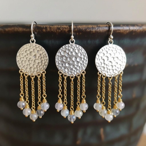 Серебряные серьги словно мятое серебро в форме полумесяца вертикальныйсверху крепится к швензе. От полумесяца идет три цепочки золотого цвета, у каждой на конце мелкий камушек лунный камень