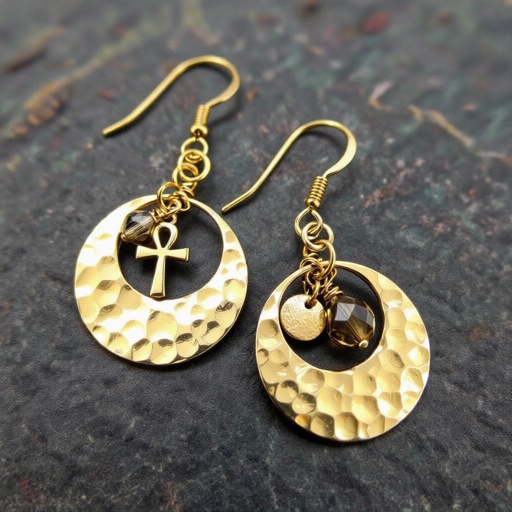 Золотые серьги словно мятое золото в форме узкого изящного полумесяца. Верхушка полумесяца крепится к застежке серьги. К нижней части полумесяца крепятся три подвески: миниатюрный золотой египетриский крест, очень маленький кристалл раухтопаза и маленький золотой кружочек с мятым эффектом плоский