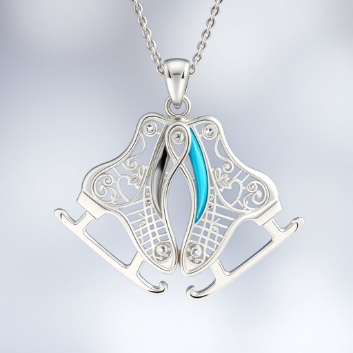 Silver pendant in the shape of ice skating blades with a turquoise stripe within the blade