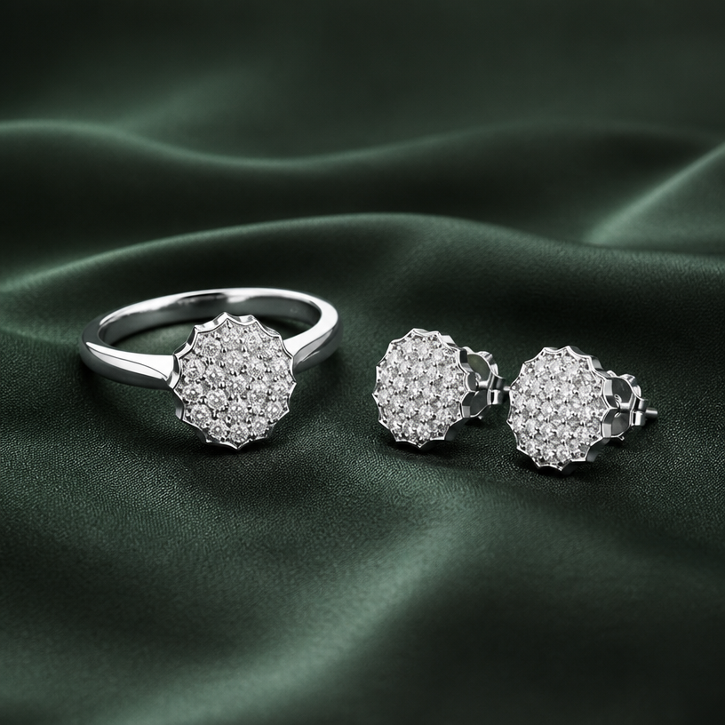 A women's ring. earrings make it in silver jewellery earrings same design and push back
using the attached image as a visual reference, create A women's ring. earrings make it in silver jewellery earrings same design and push back. photorealistic, just the design no text