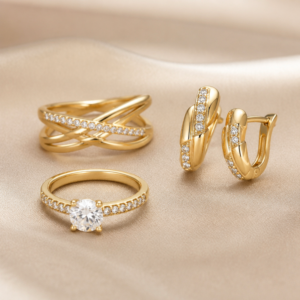 A women's ring. um conjunto feminino
folheado a ouro 18 k
photorealistic jewelry design, A women's ring. um conjunto feminino
folheado a ouro 18 k, modern style, just the design no text