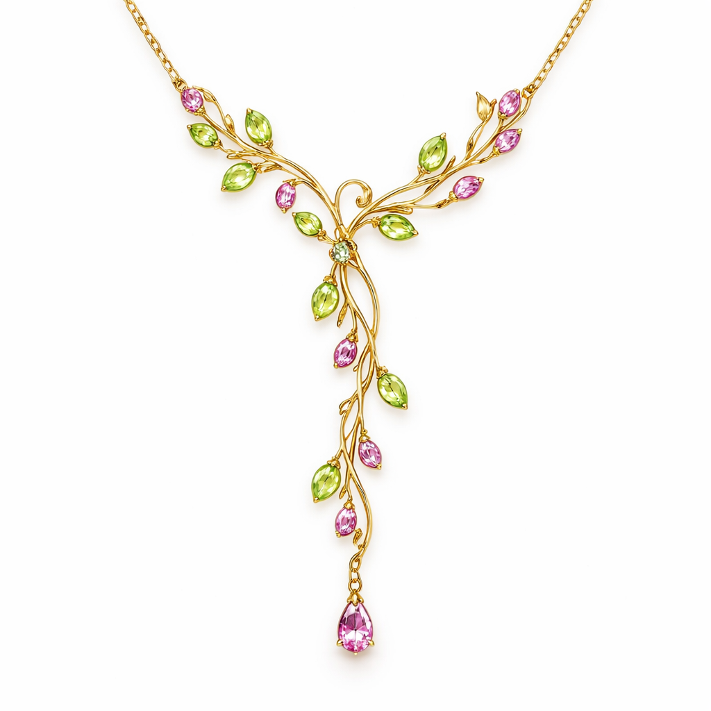 Gold chain with lariat that looks like a olive branch with vines and place peridot and pink sapphire pear shaped stones throughout the vine