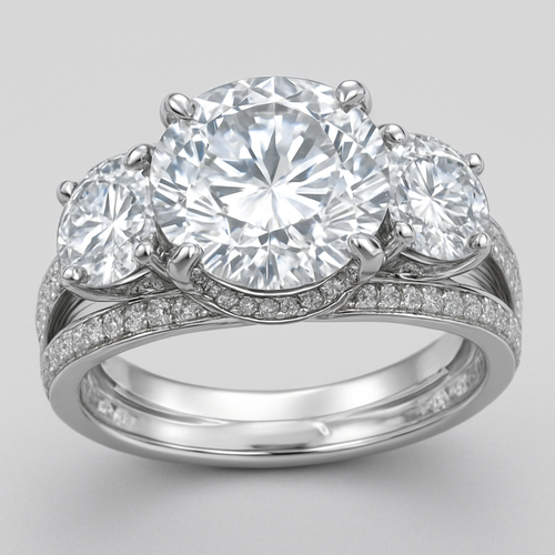 Elegant platinum 4 carat tw 3 stone ring with  hidden halo and pave split band