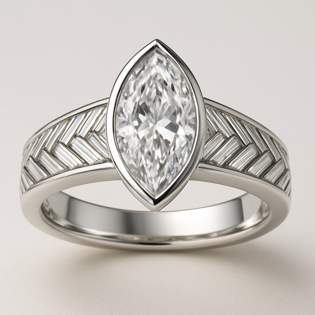Bezel set 6 carat marquise diamond center stone with baguette diamonds in a herringbone pattern in the band