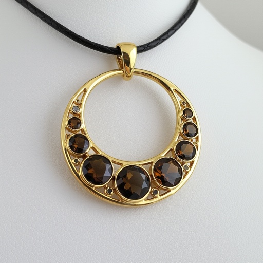 Подвеска из трех полумесяцев с узорами и камнями раухтопаза из матового неровного светлого золота с узорами соединенных цепочкой сверху самый широкий полукруг дальше средний и снизу самый маленький