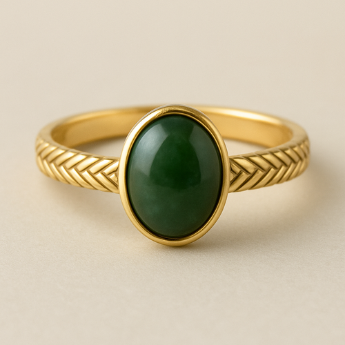Yellow gold herringbone pattern band with an oval nephrite jade scented stone