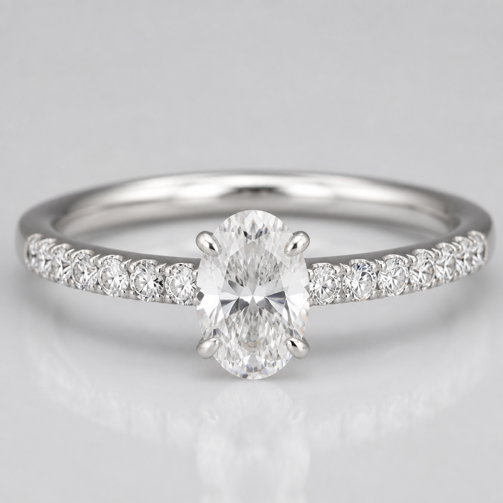 A prong-set women's ring with diamond stones suitable for wedding, minimalist, simple and delicate, clean lines. A 0.70-carat oval diamond is used as the center stone.7
photorealistic jewelry design, A prong-set women's ring with diamond stones suitable for wedding, minimalist, simple and delicate, clean lines. A 0.70-carat oval diamond is used as the center stone.7, prong_set style, just the design no text