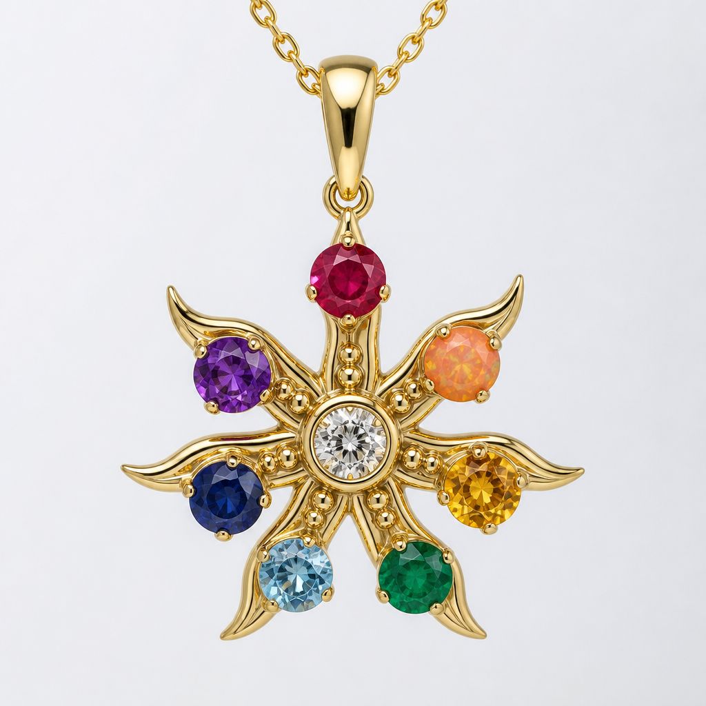 A pendant women's necklace made of gold with ruby and opal and topaz and emerald and aquamarine and sapphire and amethyst and diamond stones suitable for gift, detailed and decorative, moderately ornate. Pendentif en or en forme de soleil à sept branches ( dans le sens des aiguilles d'une montre) première branche un rubis, deuxième branche opale orange, troisième branche une topaze jaune, quatrième branche une émeraude, cinquième branche une aigue marine, sixième branche un saphir, septième une améthyste. Les pierres font 5mm de diamètre) et un diamant au milieu du pendentif.
photorealistic jewelry design, A pendant women's necklace made of gold with ruby and opal and topaz and emerald and aquamarine and sapphire and amethyst and diamond stones suitable for gift, detailed and decorative, moderately ornate. Pendentif en or en forme de soleil à sept branches ( dans le sens des aiguilles d'une montre) première branche un rubis, deuxième branche opale orange, troisième branche une topaze jaune, quatrième branche une émeraude, cinquième branche une aigue marine, sixième branche un saphir, septième une améthyste. Les pierres font 5mm de diamètre) et un diamant au milieu du pendentif., pendant style, just the design no text
