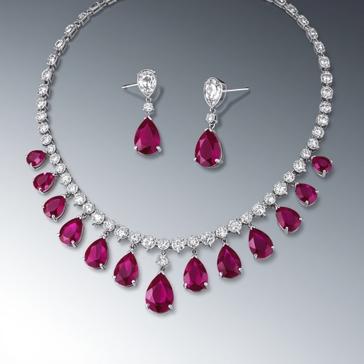 luxury necklace style and luxury earring set Platinum necklace, ruby pear drops, diamond accents, prong setting. Matching platinum earrings, ruby pear drops, diamond accents, prong setting.