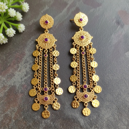 Серьги длинные на цепочках матовое золото мятое. Символ схематично созвездие. Маленькие фиолетовые камушки