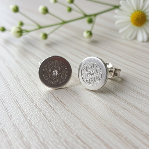 Пуссеты винтовой замок круглый символ цветка жизни с маленьким фианитом по центру