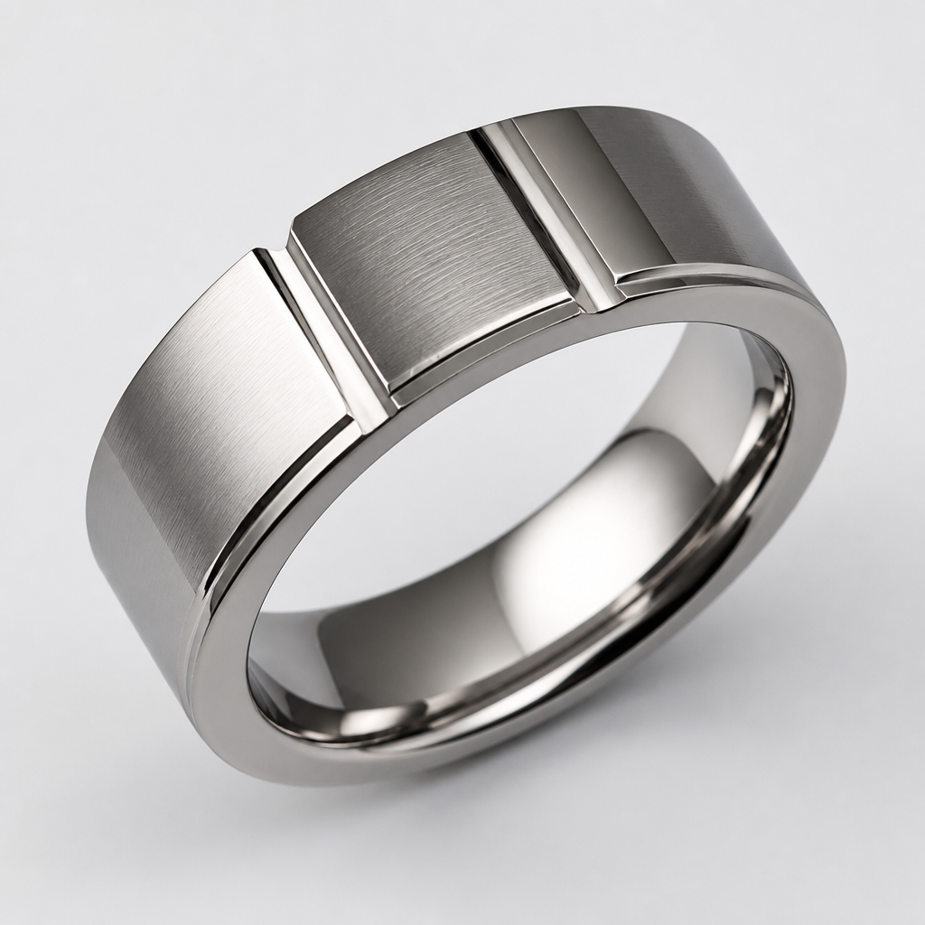 A modern men's ring made of platinum
photorealistic jewelry design, A modern men's ring made of platinum, modern style, just the design no text