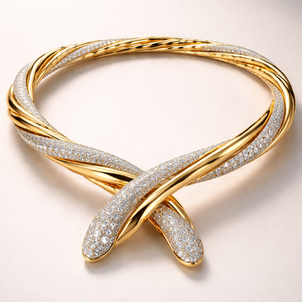 A flexible twisted modern necklace with diamond and gold