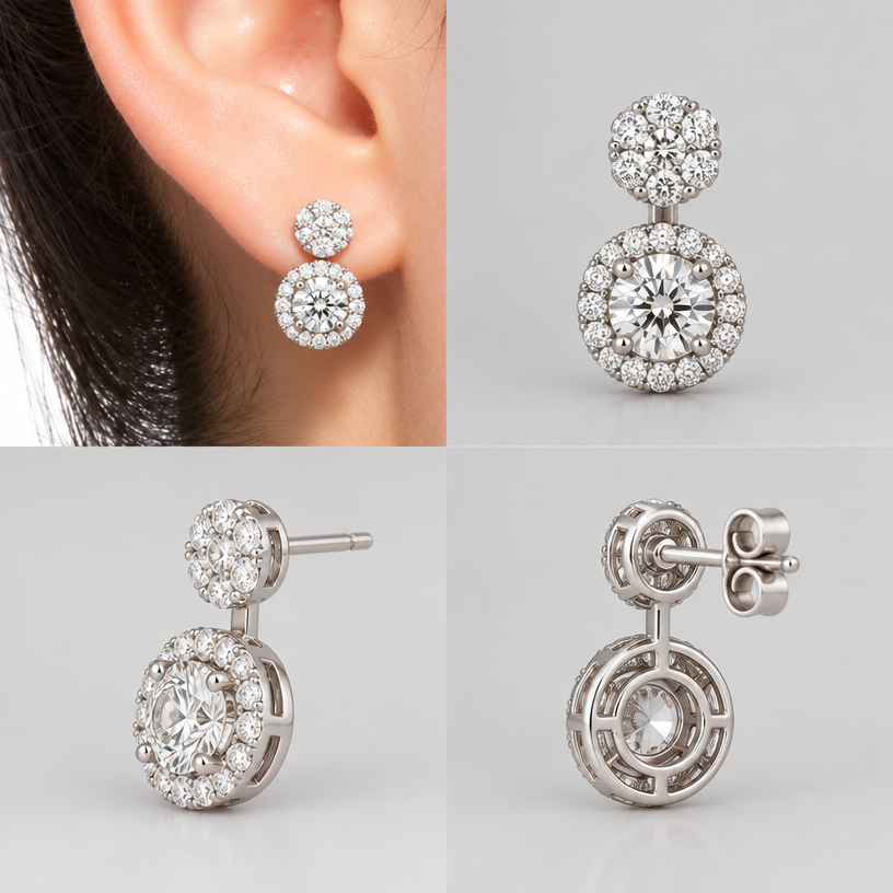 A women's earrings. แก้ไขเฉพาะส่วนของต่างหูชิ้นล่างที่อยู่ภายในวงกลมสีแดงในภาพต้นฉบับ โดยปรับรูปแบบการประดับเพชรให้เป็น เพชรเม็ดเดี่ยวล้อม 1 ชุด (Single Center Stone with One Halo) โดยมีเพชรเม็ดกลาง 1 เม็ด และมีเพชรเม็ดเล็กเรียงล้อมรอบเพชรเม็ดกลางเพียง 1 ชั้นอย่างสมมาตร ให้มีรูปทรงและสัดส่วนสวยงาม ดูหรูหราและสามารถผลิตเป็นเครื่องประดับจริงได้, 4view
using the attached image as a visual reference, create A women's earrings. แก้ไขเฉพาะส่วนของต่างหูชิ้นล่างที่อยู่ภายในวงกลมสีแดงในภาพต้นฉบับ โดยปรับรูปแบบการประดับเพชรให้เป็น เพชรเม็ดเดี่ยวล้อม 1 ชุด (Single Center Stone with One Halo) โดยมีเพชรเม็ดกลาง 1 เม็ด และมีเพชรเม็ดเล็กเรียงล้อมรอบเพชรเม็ดกลางเพียง 1 ชั้นอย่างสมมาตร ให้มีรูปทรงและสัดส่วนสวยงาม ดูหรูหราและสามารถผลิตเป็นเครื่องประดับจริงได้, 4view. photorealistic, just the design no text