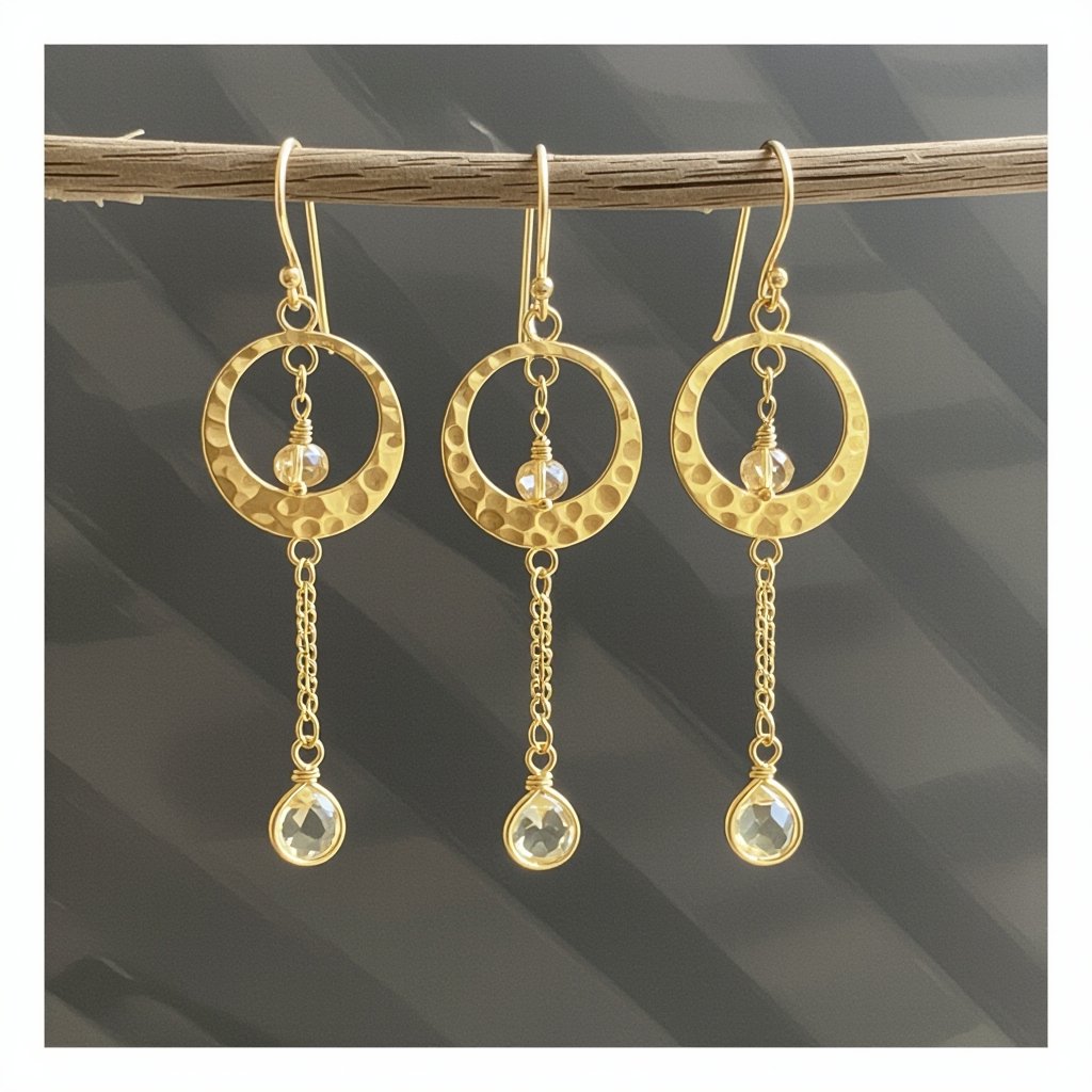 Золотые серьги словно мятое золото в форме узкого изящного полумесяца. Верхушка полумесяца крепится к застежке серьги.  От полумесяца идет три цепочки, у каждой на конце мелкий камушек цитрин