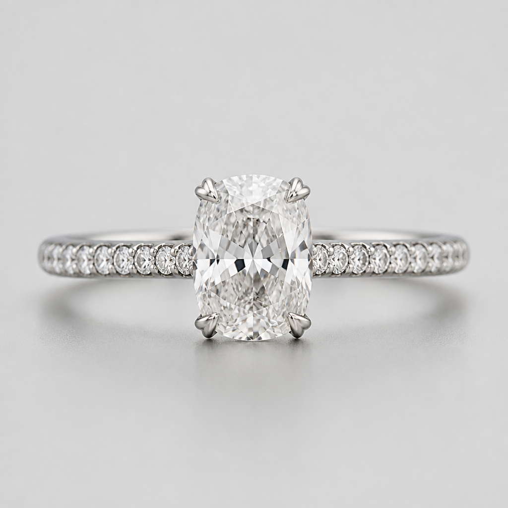 8x6mm cushion cut diamond
White gold
Smalls on the band
Cat claws
photorealistic jewelry design, just the design, no text, **Original Material:** White gold
**Center Gem:** 8x6mm cushion cut diamond
**Setting Type:** Cat claws
**Accent Gems:** Small diamonds on the band