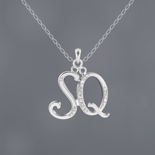 silver necklace with the pendant in conjoined letters SQ with white  stones. Make it cute and simple 