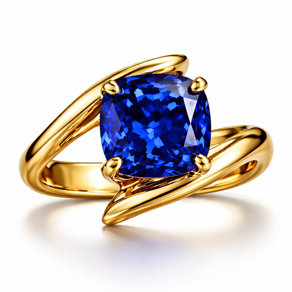 4 carat cushion sapphire royal blue ring in any design in yellow gold only and with no additional diamonds, something sexy, provocative and bright , something for a young woman that knows what she wants and everyone envy’s her , show me picture without finger just ring. Something like Messika