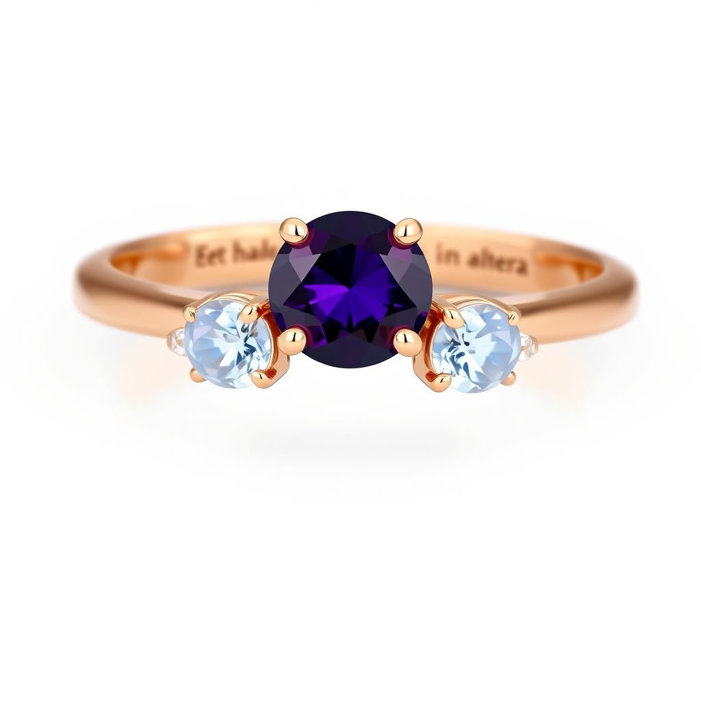 A simple, three stone 18 karat rose gold engagement ring set with a circular purple alexandrite. Also set with a small half moon cut blue chalcedony on one side right next to it, and a small half moon cut moonstone set on the other side right next to it. On the inside of the band, it has an inscription reading, “Tuum. Et in hac vita et in altera.”