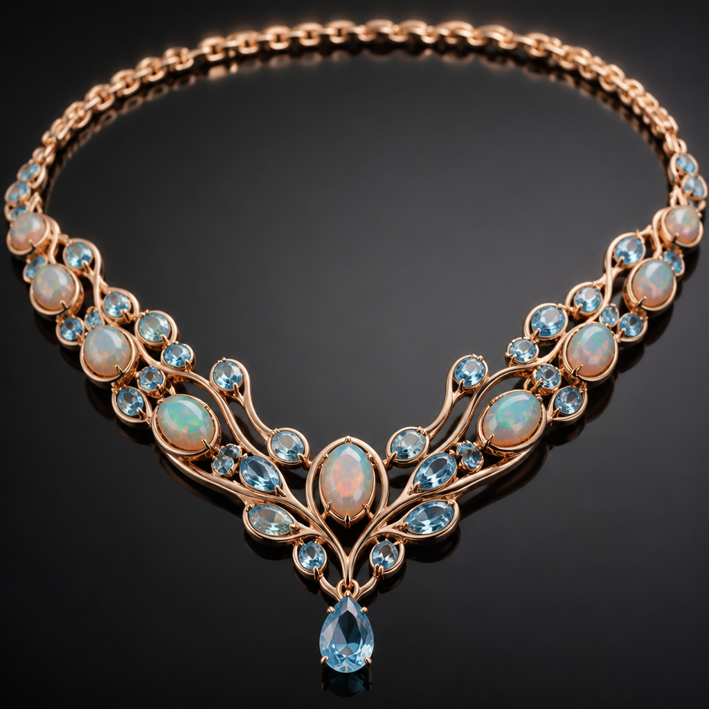 A women's necklace made of rose gold with opal and topaz and aquamarine stones. Rose gold black Ethiopian choker
photorealistic jewelry design, A women's necklace made of rose gold with opal and topaz and aquamarine stones. Rose gold black Ethiopian choker, modern style, just the design no text