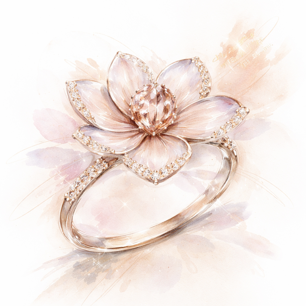 DESIGN CONCEPT: "BLOOM ÉTERNEL" (ETERNAL BLOOM)
DIALY LUXURY
A delicate piece inspired by flowers in their most natural, effortless state-designed for everyday luxury.
Form & Structure
The design takes the shape of a softly blooming flower, not perfectly symmetrical, just like in nature. The petals are slightly curved and layered, giving a sense of movement-as if the flower is gently opening in the morning light.
Touch of Color (Natural Hues)
A blush-toned gemstone (like morganite or pink sapphire, amethyst etc., for softness,
Overall Feel
Lightweight, minimal, and fluid-so it feels like a part of you rather than a statement piece. Designed for daily wear, yet refined enough to feel luxurious.
Design Essence (in one line)
A whisper of nature, blooming in diamonds and soft color-luxury that feels as natural as love itself.
Sketch style