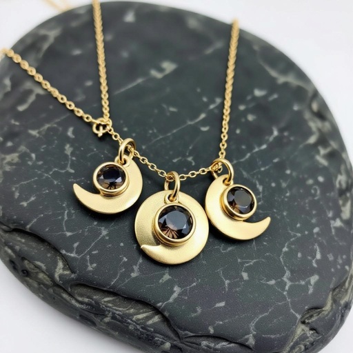 Подвеска из трех полумесяцев с узорами и камнями раухтопаза из матового неровного светлого золота с узорами соединенных цепочкой сверху самый широкий полукруг дальше средний и снизу самый маленький