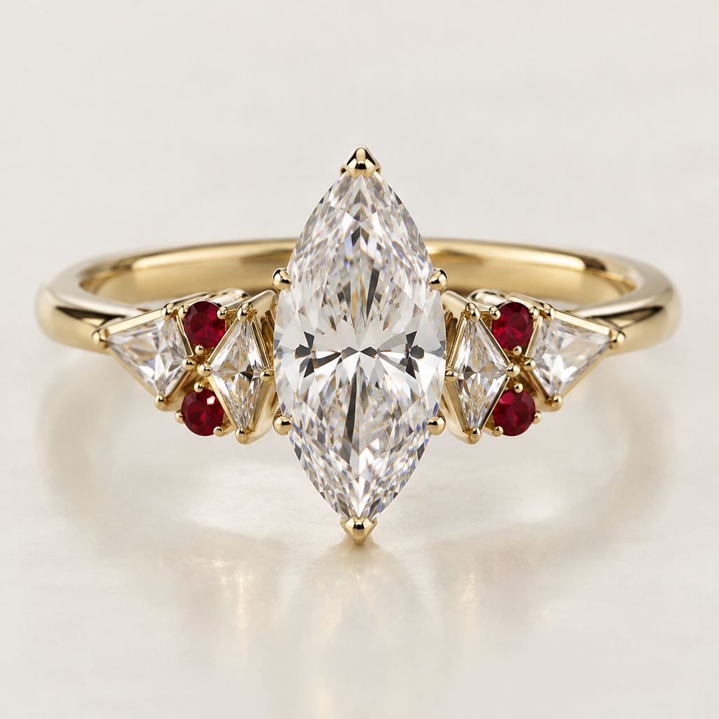 A modern women's ring made of gold with diamond stones suitable for engagement, minimalist, simple and delicate, clean lines. gold ring with 3 ct. marquis diamond center stone, with kite cut diamonds set, two on each side, under the marquis with their long points aligned with the points of the marquis center stone. with starbright round rubies in-between and below the kite cut diamonds on either side of the ring
photorealistic jewelry design, A modern women's ring made of gold with diamond stones suitable for engagement, minimalist, simple and delicate, clean lines. gold ring with 3 ct. marquis diamond center stone, with kite cut diamonds set, two on each side, under the marquis with their long points aligned with the points of the marquis center stone. with starbright round rubies in-between and below the kite cut diamonds on either side of the ring, modern style, just the design no text