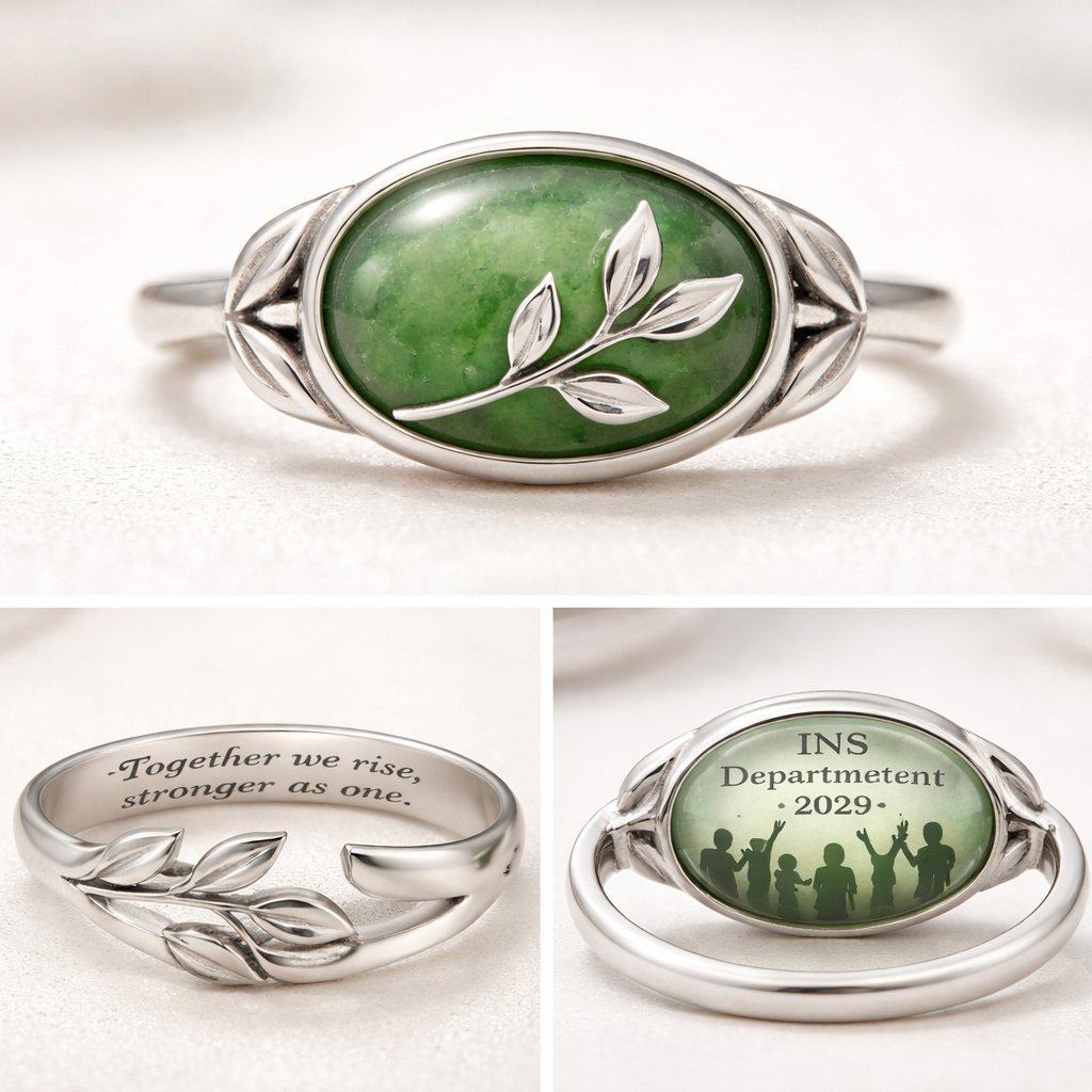 Create me a hand made customized ring made by a silver smith that’s for a teenage students who have won a department competition for team projects .There should be a green gem or jade with sprouts leafs like the school logo , engraved inside should be a quote from a humanitarian about striving to the top and strength in groupwork and at the back of the green should be the students, INS Department 2025.