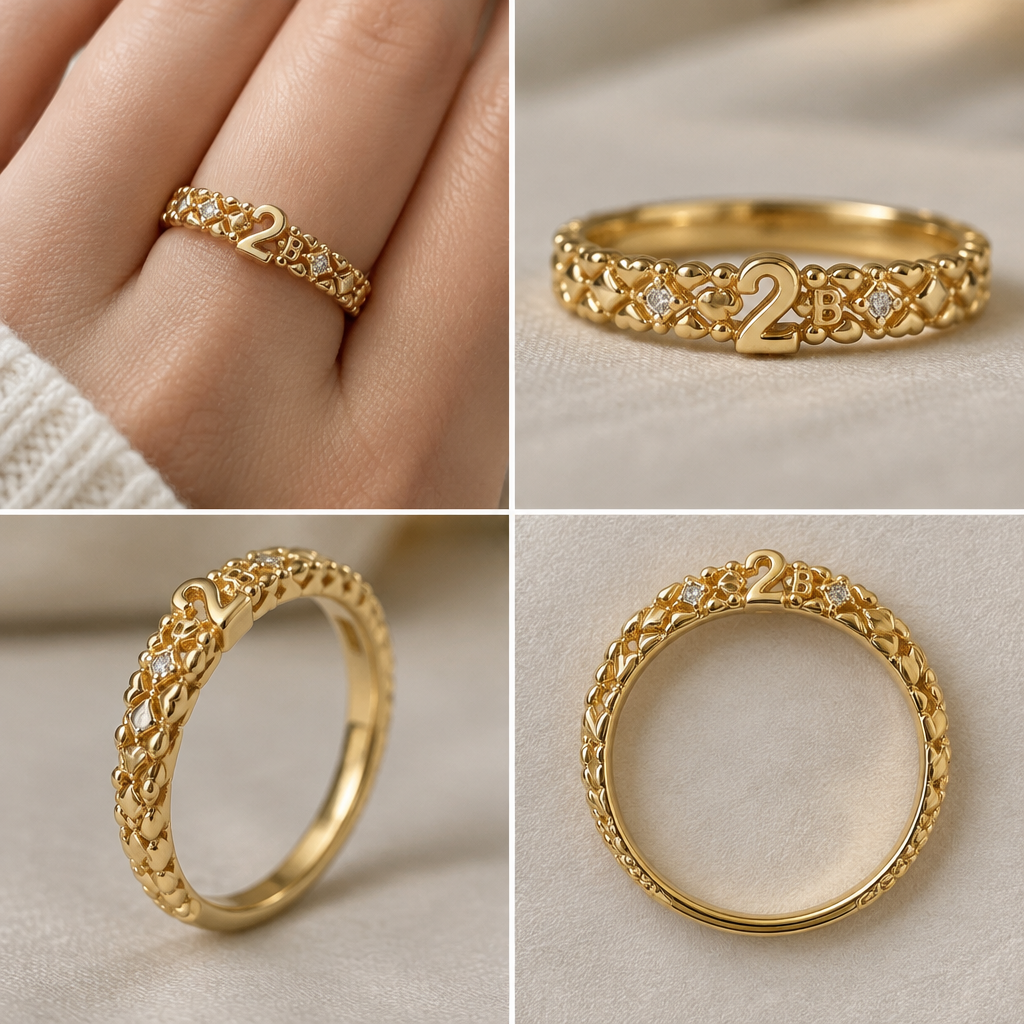 A women's ring. Design a custom yellow-gold commitment ring that matches my reference photo as closely as possible. Keep the exact same patterned band design, with two rows of small, raised, textured gold shapes. Do not change the band style or make it plain.
- Centre: Place the number 2 in the middle of the front of the ring, just like the number 2 shown in my reference photo. Make it elegant, slightly raised, and clearly visible.
- No infinity symbol.
- No large heart around the number 2. Keep the number 2 as the main centre design, matching the reference.
- Secret letter B: Hide a tiny reversed capital B (ᗺ) subtly in the gold pattern beside the number 2, so it looks like part of the design and other people won't easily recognise it as a letter.
- Tiny stones: Add only a few tiny sparkling stones if they fit naturally without disturbing the original pattern.
- Finish: Use realistic, polished yellow gold, with fine details and a delicate, feminine appearance.
- Comfort: Keep the ring lightweight, smooth inside, and suitable for everyday wear.
Show realistic views of the ring on a finger, a front close-up, a side view, and a top view. The finished ring should look like the exact ring in my photo, customised only by adding the number 2 and the hidden reversed B. Do not invent a completely different design.
photorealistic jewelry design, A women's ring. Design a custom yellow-gold commitment ring that matches my reference photo as closely as possible. Keep the exact same patterned band design, with two rows of small, raised, textured gold shapes. Do not change the band style or make it plain.
- Centre: Place the number 2 in the middle of the front of the ring, just like the number 2 shown in my reference photo. Make it elegant, slightly raised, and clearly visible.
- No infinity symbol.
- No large heart around the number 2. Keep the number 2 as the main centre design, matching the reference.
- Secret letter B: Hide a tiny reversed capital B (ᗺ) subtly in the gold pattern beside the number 2, so it looks like part of the design and other people won't easily recognise it as a letter.
- Tiny stones: Add only a few tiny sparkling stones if they fit naturally without disturbing the original pattern.
- Finish: Use realistic, polished yellow gold, with fine details and a delicate, feminine appearance.
- Comfort: Keep the ring lightweight, smooth inside, and suitable for everyday wear.
Show realistic views of the ring on a finger, a front close-up, a side view, and a top view. The finished ring should look like the exact ring in my photo, customised only by adding the number 2 and the hidden reversed B. Do not invent a completely different design., modern style, just the design no text