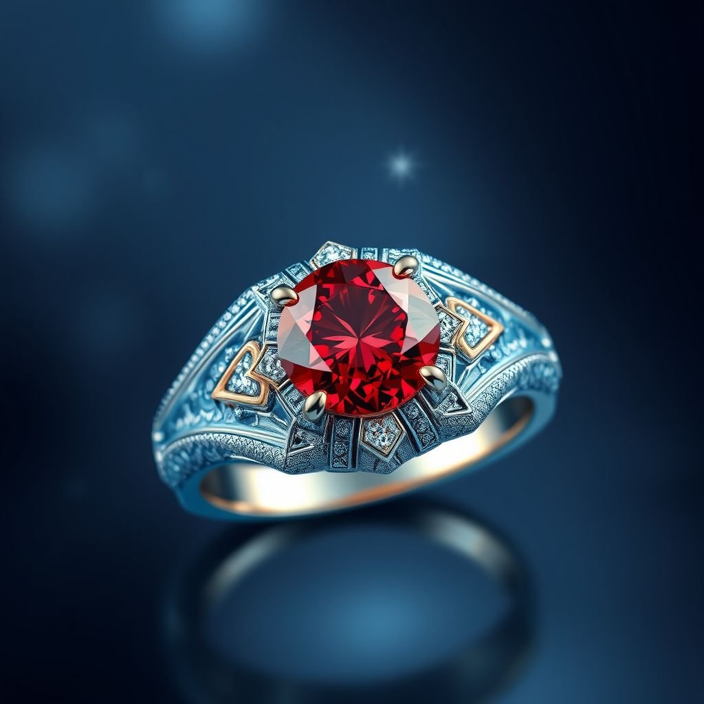 Create a ring made of blue gold, red diamonds and moon dust
Design an exquisite luxury ring, featuring a stunning band crafted from ethereal blue gold, glistening with intricate engravings. At its center, a captivating red diamond reigns, radiating fiery brilliance, surrounded by delicate accents of moon dust that shimmer like starlight, embodying a cosmic elegance that whispers sophistication and opulence.