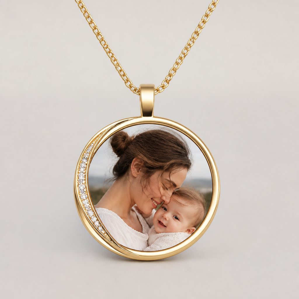 A women's pendant. Round pendant with photo inside of it
photorealistic jewelry design, A women's pendant. Round pendant with photo inside of it, modern style, just the design no text
