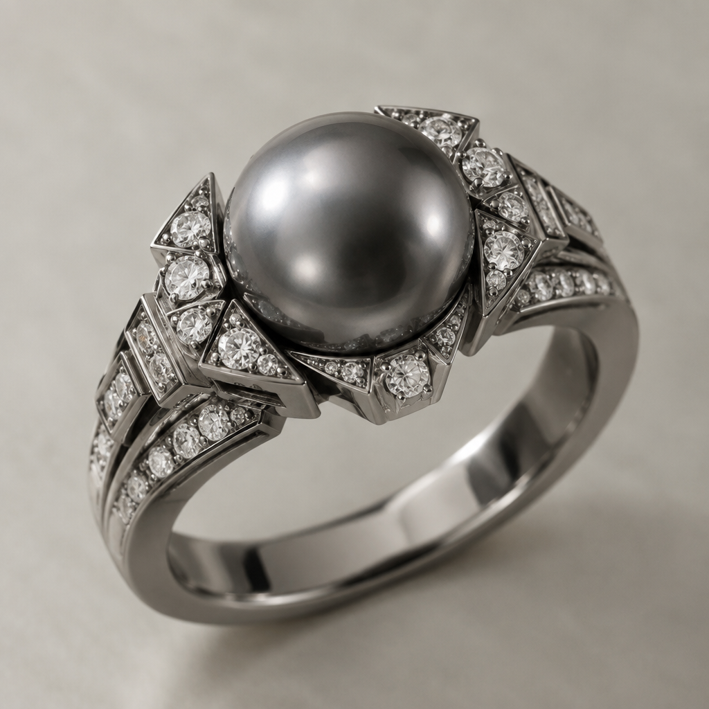Engagement ring made of tungsten with a gray pearl in the center hugged by small diamonds
photorealistic jewelry design, Engagement ring made of tungsten with a gray pearl in the center hugged by small diamonds , art_deco style, just the design no text