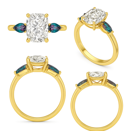 2 carat elongated cushion cut diamond and marquise alexandrite side stones set in a yellow flared shank from all angles 