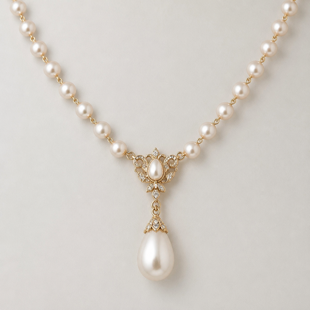 A classic women's necklace with pearl stones
photorealistic jewelry design, A classic women's necklace with pearl stones, classic style, just the design no text