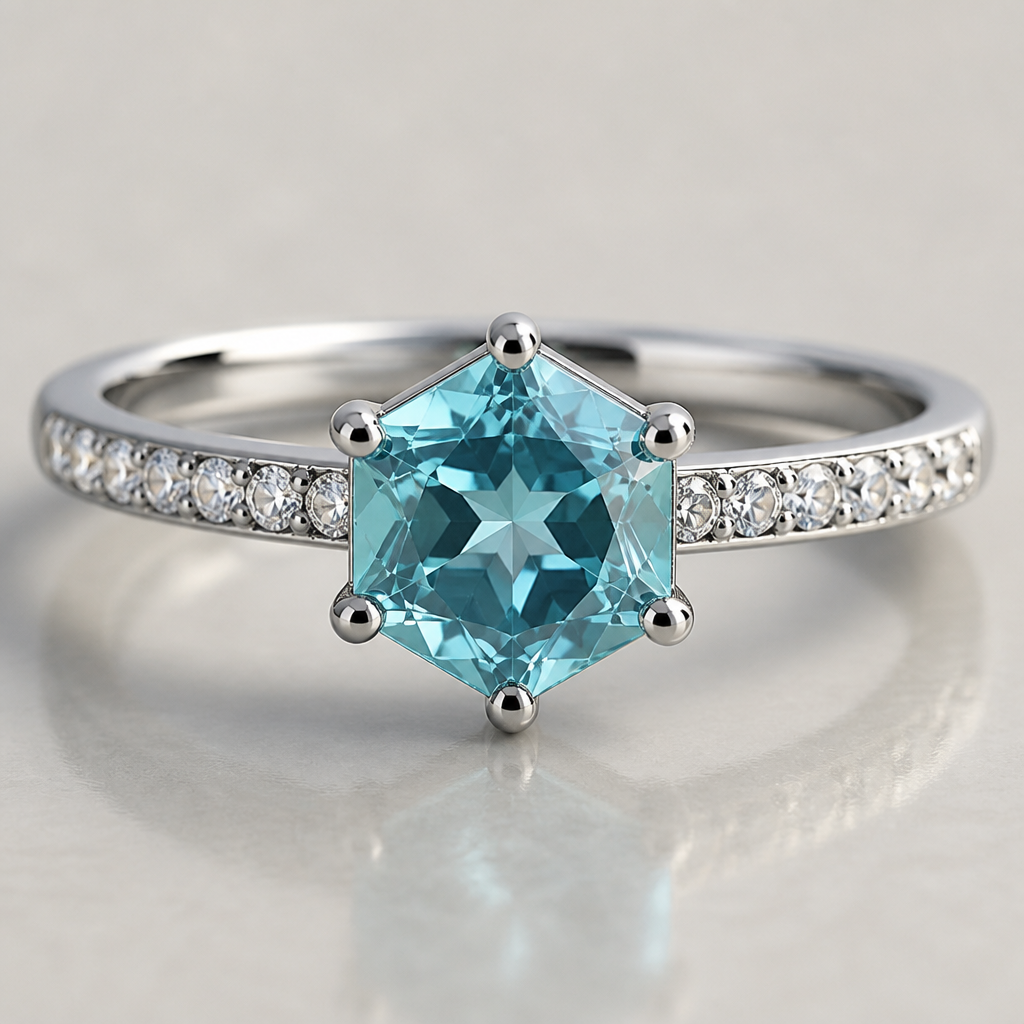 A women's ring. A ring made of sterling silver with a hexagonal light turquoise cubic zirconia stone in the center, and small white cubic zirconia stones on the ring band.
photorealistic jewelry design, A women's ring. A ring made of sterling silver with a hexagonal light turquoise cubic zirconia stone in the center, and small white cubic zirconia stones on the ring band., modern style, just the design no text