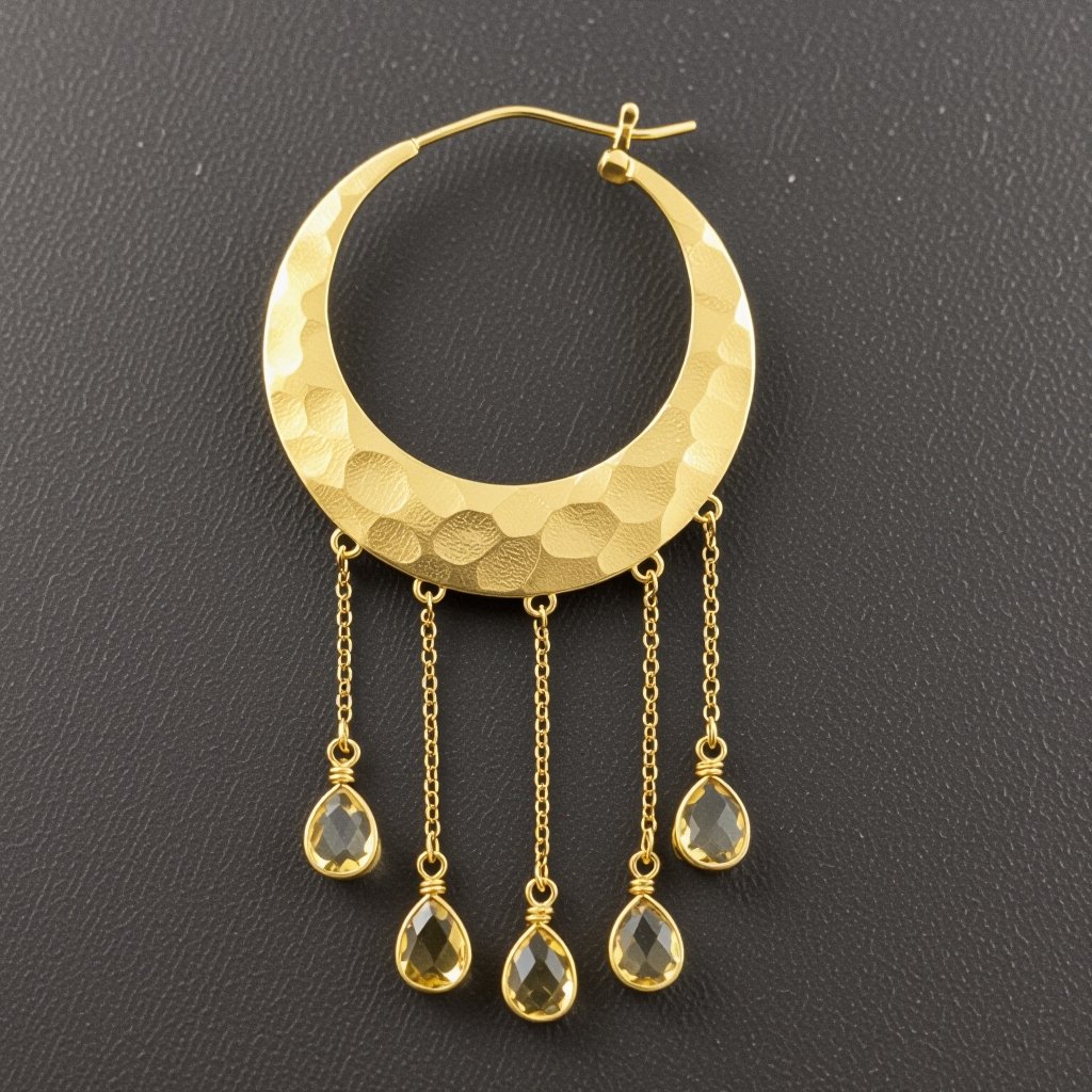 Золотые серьги полумесяц вертикальный 2 см, сверху крепится к швензе. От полумесяца идет три цепочки золотого цвета, у каждой на конце камушек цитрит