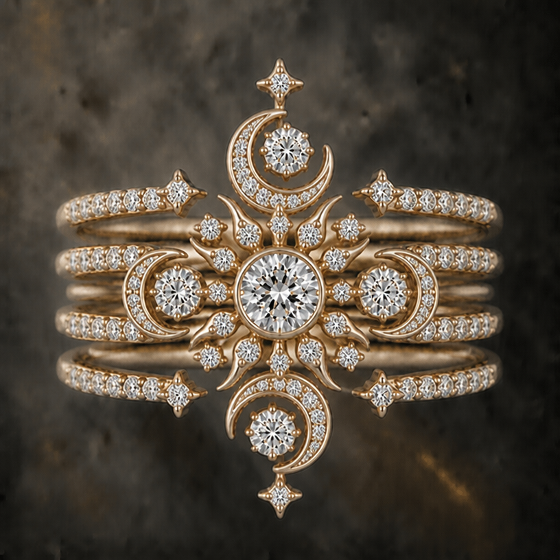 Keep the same design change the directions of the crescent, moon and placements
edit the attached jewelry design with these instructions: Keep the same design change the directions of the crescent, moon and placements. keep it photorealistic, just the design no text
